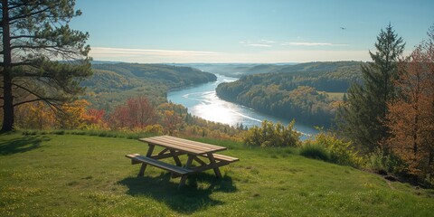 Picnic table located along Fundy Trail Parkway NB Canada, outdoor leisure setting for visitors