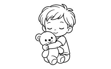Obraz premium Cute cartoon boy hugging a teddy bear with eyes closed in a sweet embrace