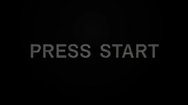 "Digital 'Press Start' text on a black background. Iconic gaming prompt signaling the beginning of an interactive experience