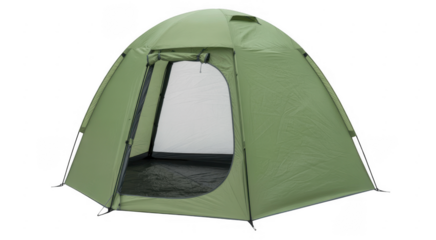 Green tent with open door and black interior camping outdoor isolated on a transparent background