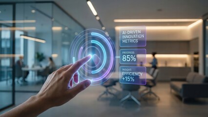 Human Hand Interacting With AI-Driven Innovations in a Modern Office Environment