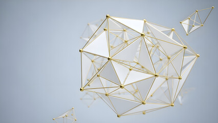 Abstract geometric structure composed of white triangular panels and a gold wireframe against a soft blue background, creating a futuristic and elegant design.