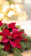Festive poinsettia wreath with evergreen greenery for Christmas decor.