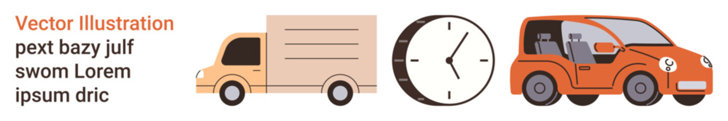 Transportation, time management, logistics, delivery services, punctuality, business optimization. A truck, clock and car are aligned. Transportation and time management concept