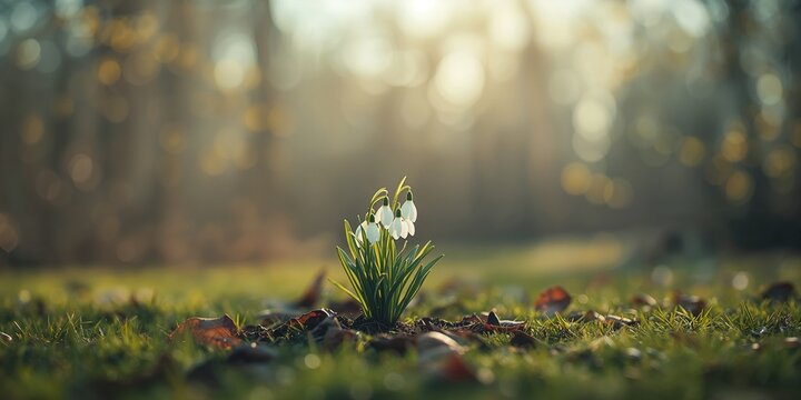 First flowers of the year, snowdrops emerging outdoors, early spring growth