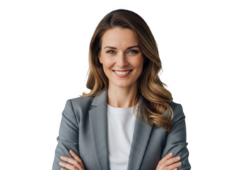 Smiling businesswoman with folded arms isolated on transparent background