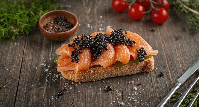 Smorrebrod with capelin roe caviar sandwich on rustic table surface, highlighting a vegetarian diet snack option