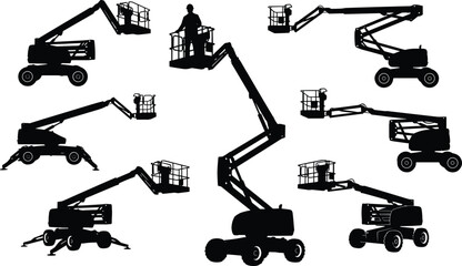 Obraz premium Aerial, work, platform, silhouettes, boom, lift, machines, construction, equipment, worker, safety, access, height, industrial, machinery, vector, illustration, set, isolated, white