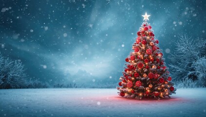 Obraz premium Decorative holiday display featuring ornaments, garlands, and bright lighting, ideal for seasonal greeting cards