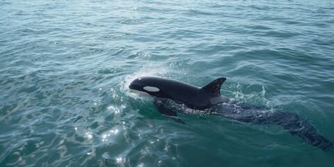 Naklejka premium Orca pursuing sea lions in Patagonias coastal waters, highlighting natural hunting activity