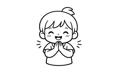Obraz premium Cute cartoon child with hands pressed together in a gesture of greeting or thanks