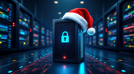 Secure data server with festive Santa hat and glowing padlock icon conveying cybersecurity and holiday protection
