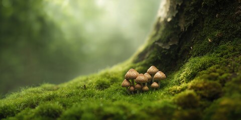 Fototapeta premium Small mushrooms growing in a forest scene, natural growth patterns for environmental awareness