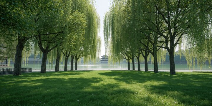 Lawn and trees surrounding a water body in a park, highlighting urban nature and landscape features