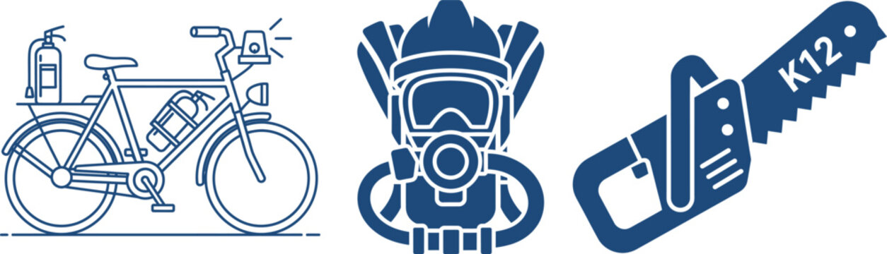 Blue Silhouettes of Bicycle, Firefighter Mask, and Chainsaw on White Background fire extinguisher