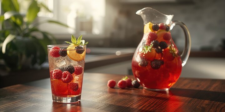 Fruit-infused water with berries and citrus slices, emphasizing healthy hydration practices, World Health Day - Powered by Adobe