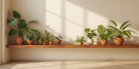 Fototapeta premium Wooden shelf supporting houseplants in an indoor setting, highlighting interior greenery and air purification