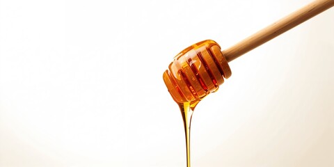 Honey falling from a wooden honey dipper against a white backdrop highlighting organic food, textures and backgrounds, Earth Day