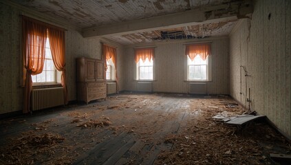 Fototapeta premium Old farm house interior, showcasing weathered wooden beams and abandoned state for renovation planning