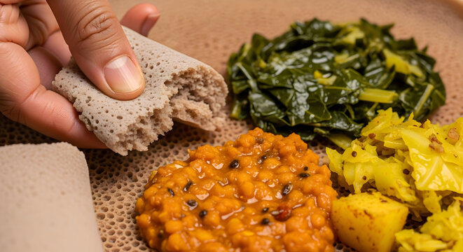 A hand holding a piece of injera bread next to a plate of traditional ethiopian food