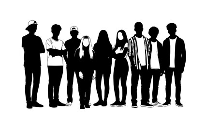 Diverse group of young people standing together in silhouette.