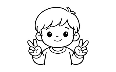 Obraz premium Cute cartoon boy with a happy smile making a peace sign with both hands