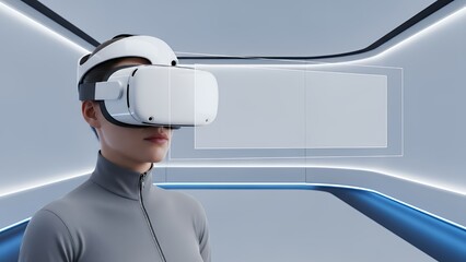 Futuristic Person Wearing Virtual Reality Headset, Immersive Augmented Experience, Digital Interface, and Metaverse Exploration Technology.