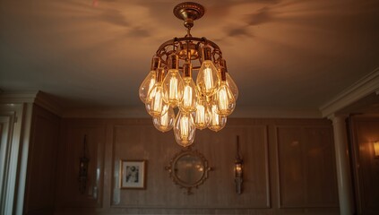 Multiple incandescent light bulbs with glowing filaments, suitable for lighting background design