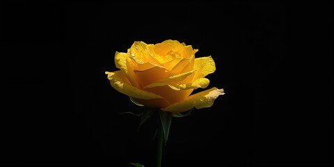 Close-up of a yellow rose with dew drops against a dark backdrop, ideal for nature-themed layouts