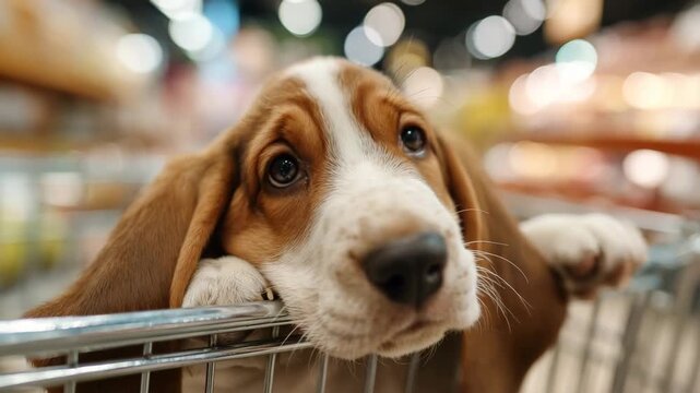 Sad Basset Hound puppy with droopy ears resting head on shopping cart looking with big eyes concept of pet shopping or waiting shallow depth of field