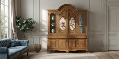 Real photo of an antique cabinet with porcelain decorations, paintings with roses and blue sofa in a living room interior, vintage decor for interior design