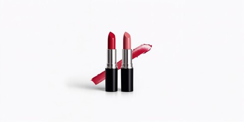 Isolated lipsticks in orange and red tones on a plain white backdrop, ideal for cosmetic branding