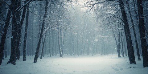 Naklejka premium Snow drifting over a woodland scene, highlighting winter weather conditions and natural landscape preservation