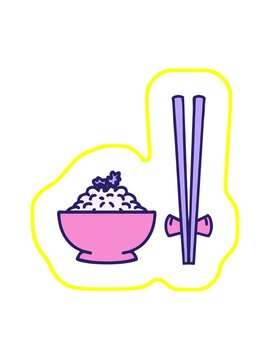 radioactive glowing animation of a japanese rice in patterned bowl with chopsticks