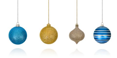 Set of Christmas decorations in form of striped blue ball on string, shiny ball and ball with geometric pattern isolated on transparent background with clipping path. Design element for Christmas card