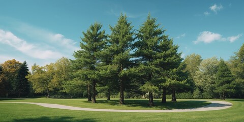 Fototapeta premium Different types of conifers displayed in a woodland scene, emphasizing seasonal change, Earth Day