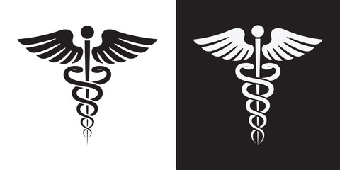 Clean vector illustration of a winged staff with intertwined serpents, a universal emblem of healing and healthcare services