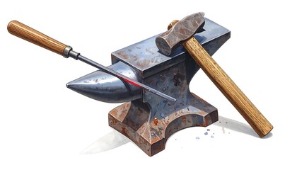 A blacksmith's scene depicts a well-worn anvil with tools a hammer and a pointed chisel. A red-hot metal bar rests on the anvil