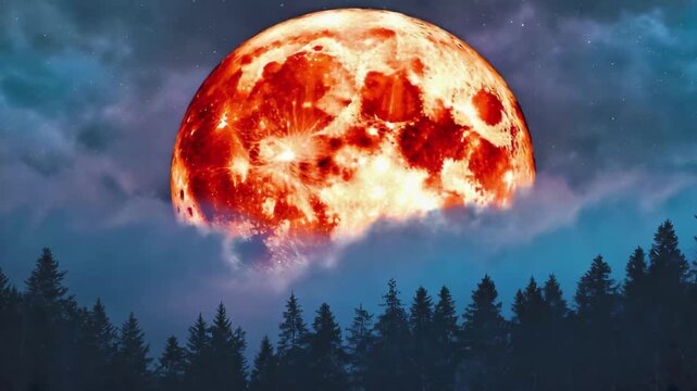 Large Blood Moon Rising Above a Silhouetted Pine Forest at Night lunar red moon