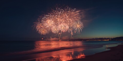 Colorful fireworks bursting above the sea during a nighttime event