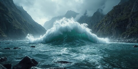 Mountain stream surge triggering tsunami flood, environmental hazard analysis