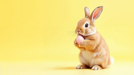 Cute Easter bunny holding a pink egg on a yellow background. Adorable fluffy rabbit for the spring holiday. Happy Easter banner with copy space