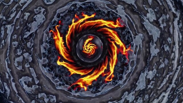 Swirling fire pattern on dark rocky background  