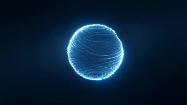 Glowing blue spherical shape with dynamic wave patterns in a dark background. Represents technology, digital art, and futuristic design concepts