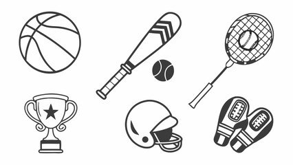 Sports Equipment Collection Trophy Helmet Basketball Bat Tennis Racket Gloves for Athletic Competition and Fitness Promotion