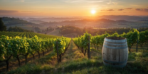 Obraz premium Evening light illuminates a vineyard on Mount Somlo in Hungary, suitable as a scenic backdrop