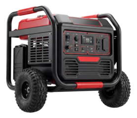 Portable gas generator with large wheels for easy transport over rough terrain.