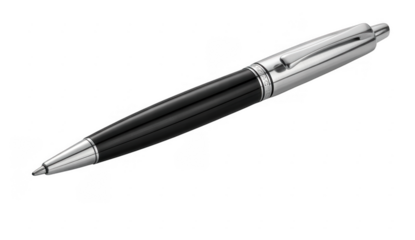 Black and silver ballpoint pen writing instrument isolated on a transparent background