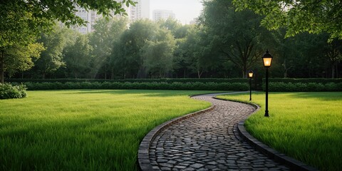 Garden scene featuring a black stone edge along a curved pathway illuminated by a landscape lamp on a lush green lawn