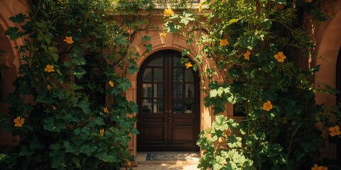 Pumpkin plants with vibrant yellow blossoms and green foliage in the courtyard, highlighting agricultural growth
